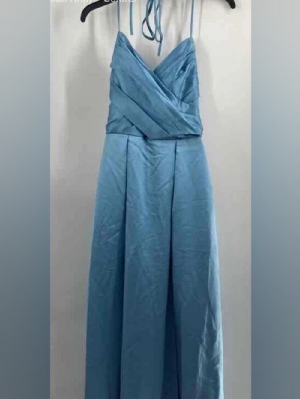 DB Blue Satin Spaghetti Straps Crisscross Bodice Side pocket Ball Gown Sz 8 NWT